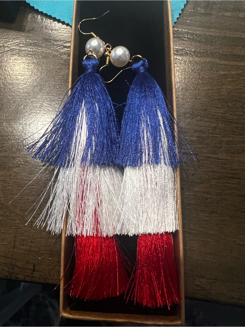 Triple-Color Tassel Drop Earrings with Pearl Accent - Blue/White/Red